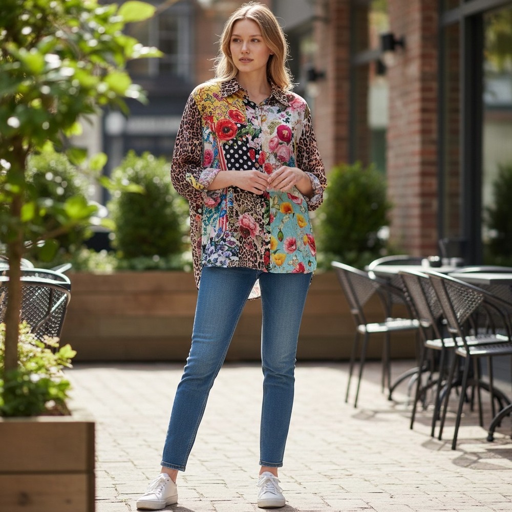 Shana Patchwork Floral Leopard Polka Dot Viscose Silk Button Down Shirt Boho M